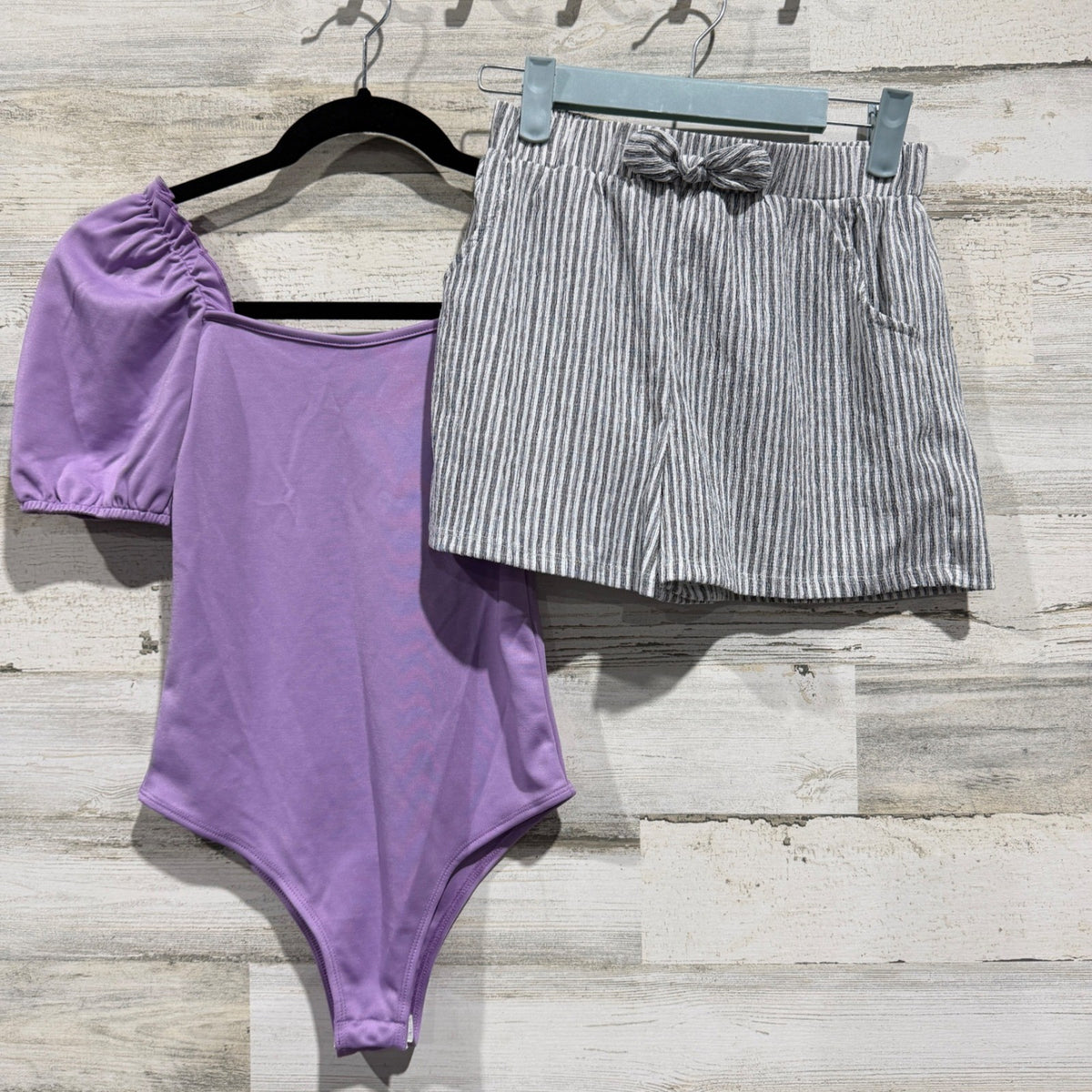 Bodysuit and Shorts Set Girls 10-11Y Purple Striped Modern EUC0