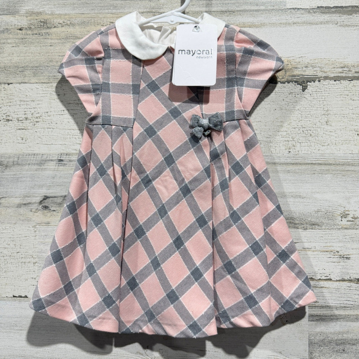 Mayoral Plaid Dress Girls 12M Pink Grey Peter Pan Collar Preppy NWT0