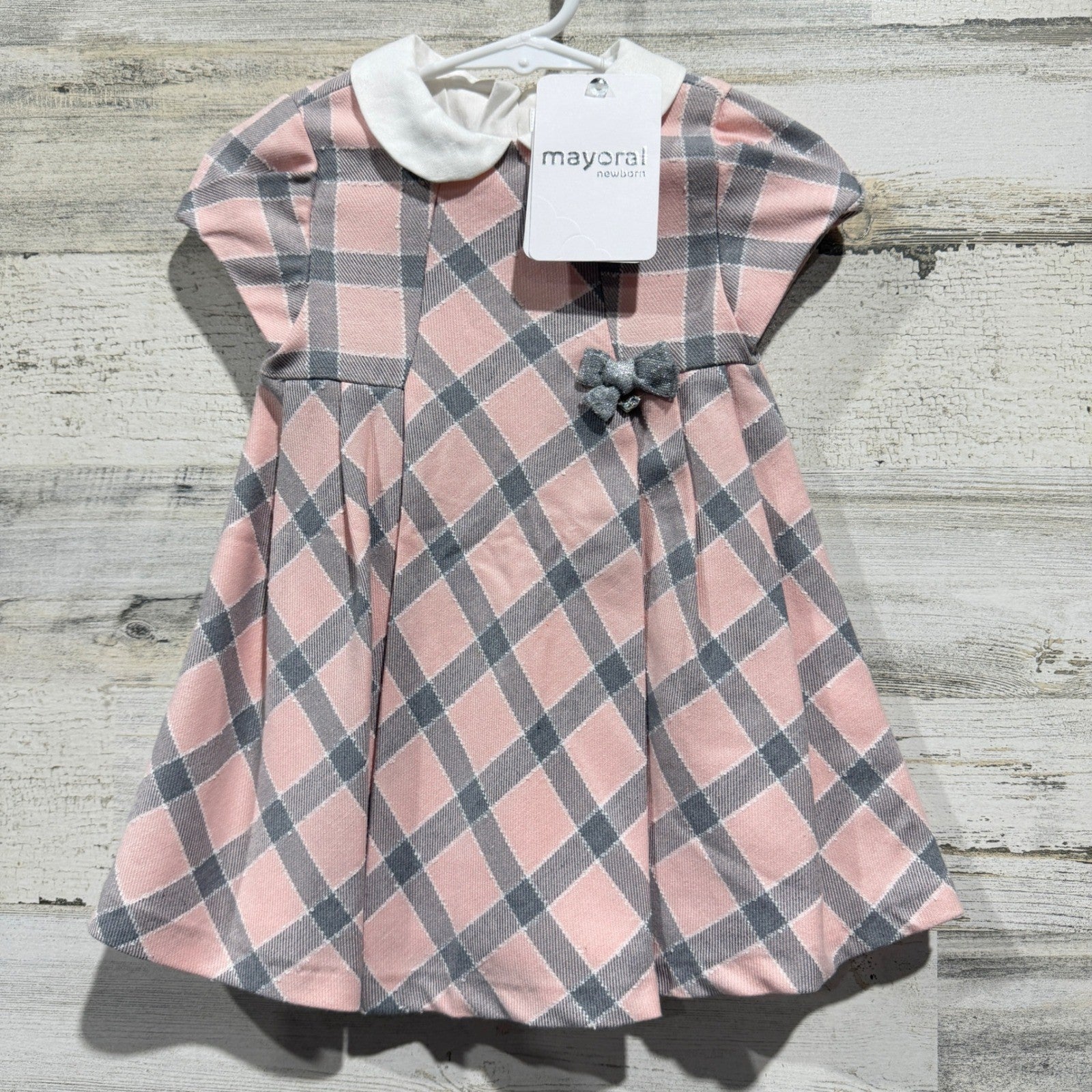 Mayoral Plaid Dress Girls 12M Pink Grey Peter Pan Collar Preppy NWT0