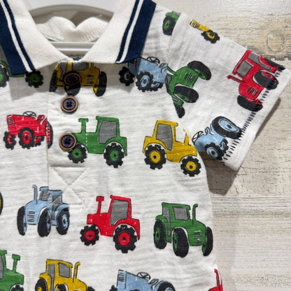 Mud Pie Romper Boys 0-3M White Tractor Print Polo Collar Farmcore EUC1