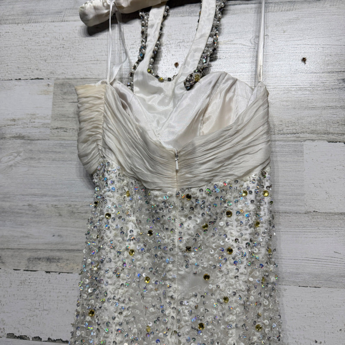 Jovani Prom Gown Women 4 White Beaded Sequin Mermaid Halter Glam *Flawed8
