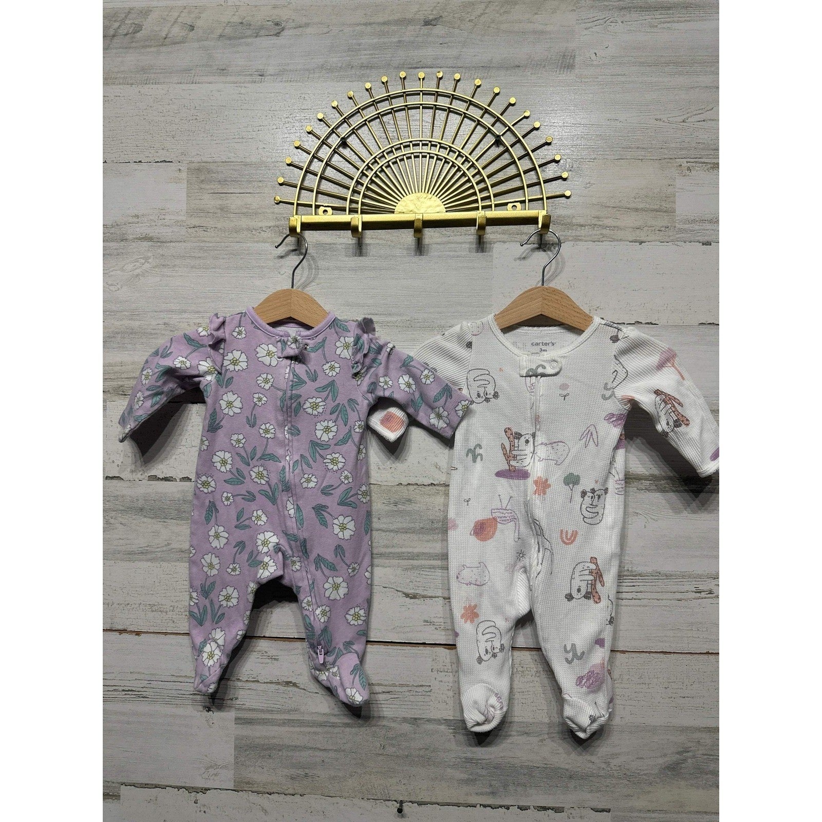 Carter's Footed Sleepers Girls 3M Purple White Floral Animal 2pk EUC0