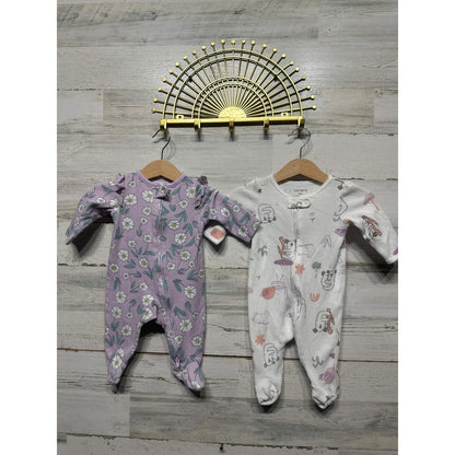 Carter's Footed Sleepers Girls 3M Purple White Floral Animal 2pk EUC0