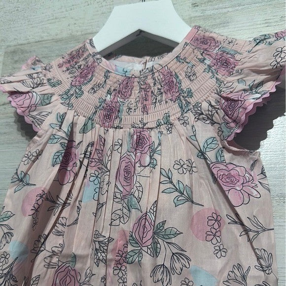 Lil Cactus Floral Smocked Romper Baby Girls 12-18M Pink Flutter Sleeve NWT1