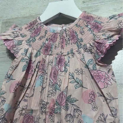Lil Cactus Floral Smocked Romper Baby Girls 12-18M Pink Flutter Sleeve NWT1