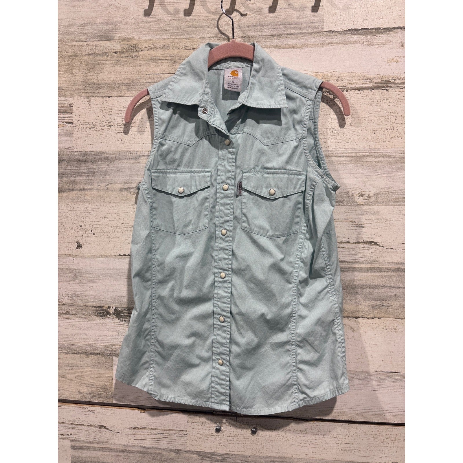 Carhartt Sleeveless Shirt Women S Blue Pearl Snap Western Workwear EUC0