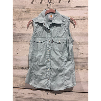 Carhartt Sleeveless Shirt Women S Blue Pearl Snap Western Workwear EUC0