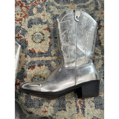 Silver Western Cowboy Boots Girls 3 Metallic Embroidered Pull On GUC2