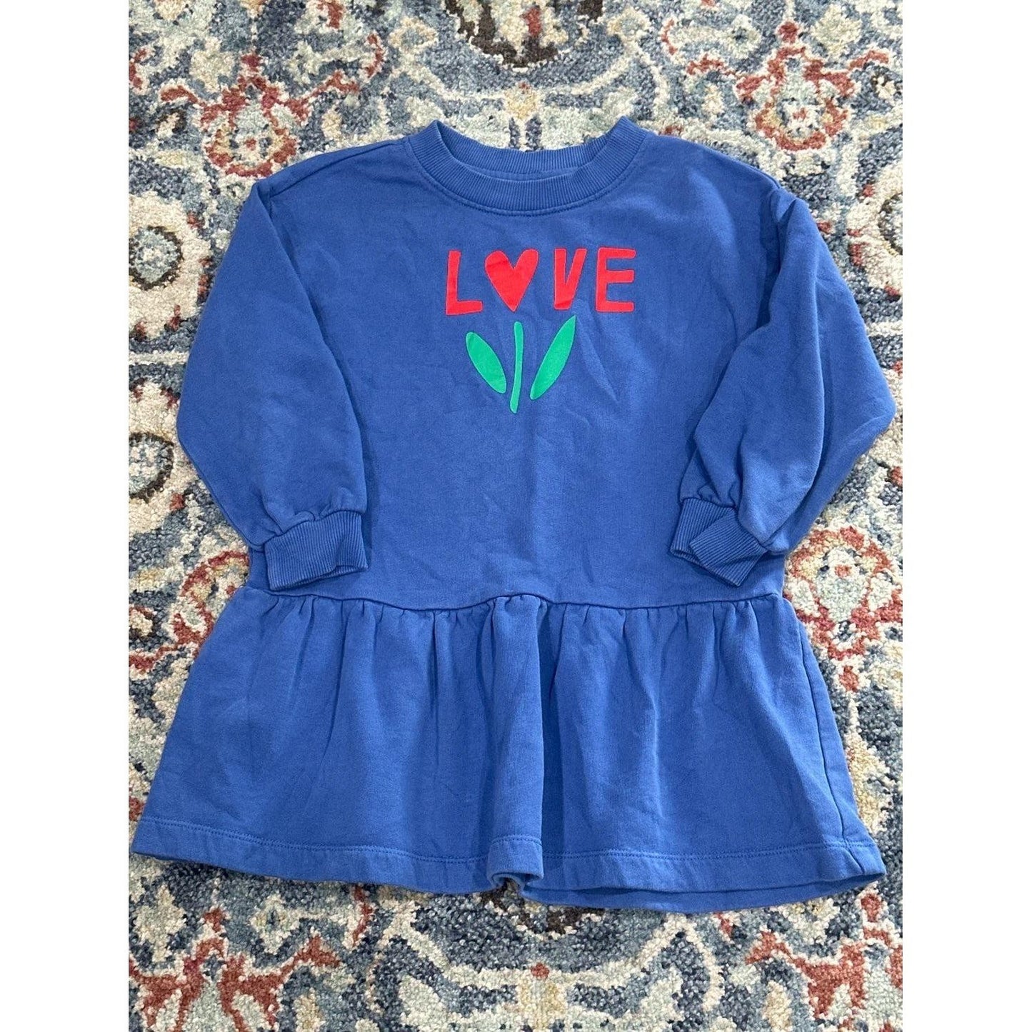 Hanna Andersson Sweatshirt Girls 8 Blue Love Flower Graphic Peplum Hem0