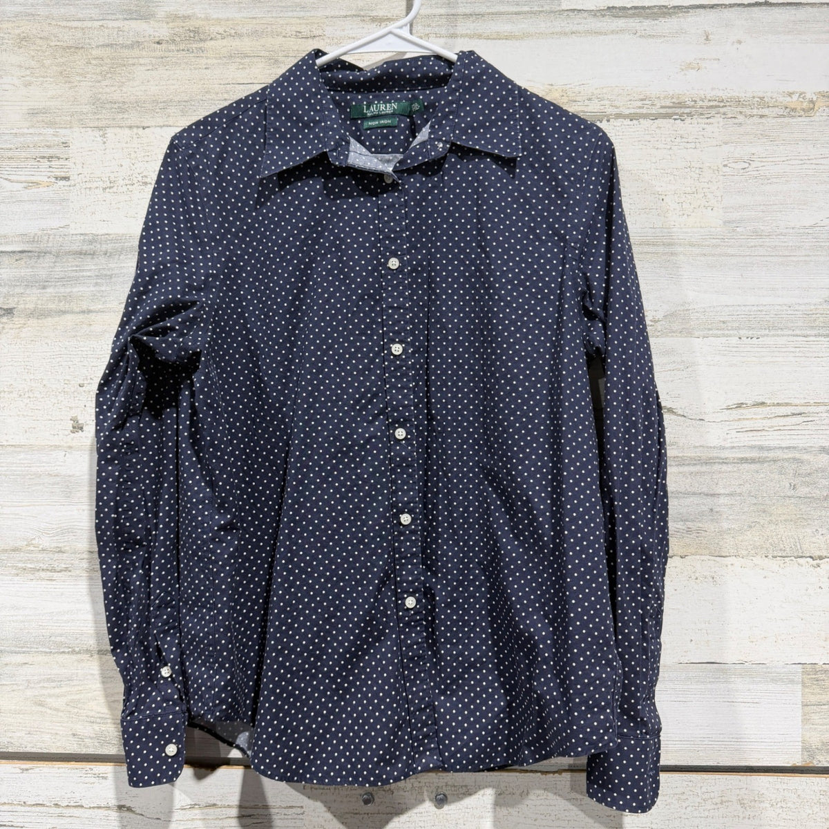 Lauren Ralph Lauren Non Iron Button Down Shirt Women L Navy Polka Dot Cotton0