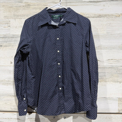 Lauren Ralph Lauren Non Iron Button Down Shirt Women L Navy Polka Dot Cotton0