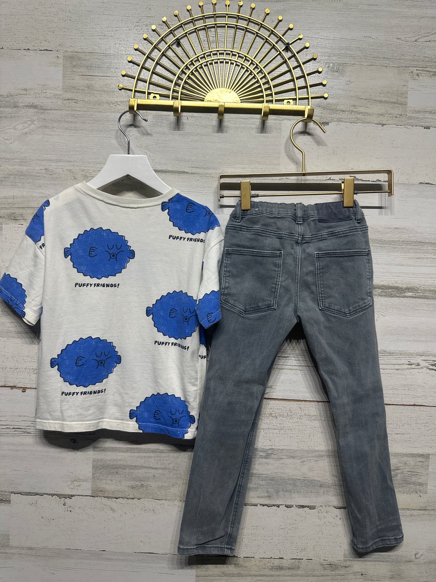 Zara Size 5/6 Puffer Fish Shirt and Grey Adjustable Waist Jeans GUC