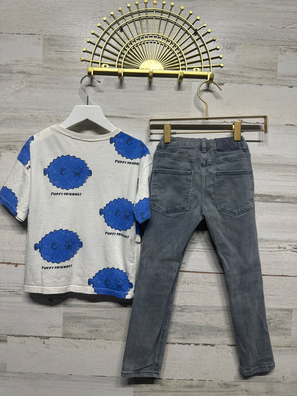 Zara Size 5/6 Puffer Fish Shirt and Grey Adjustable Waist Jeans GUC