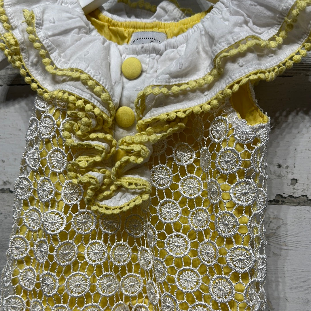 Girls Size 6-9m Mud Pie Yellow Dress with White Lace Overlay - Good Used Condition