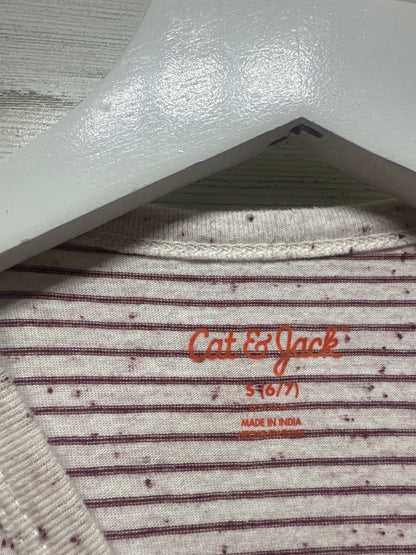 Boys Size Small (6-7) Cat and Jack Maroon Striped Pocket Tee - Good Used Condition