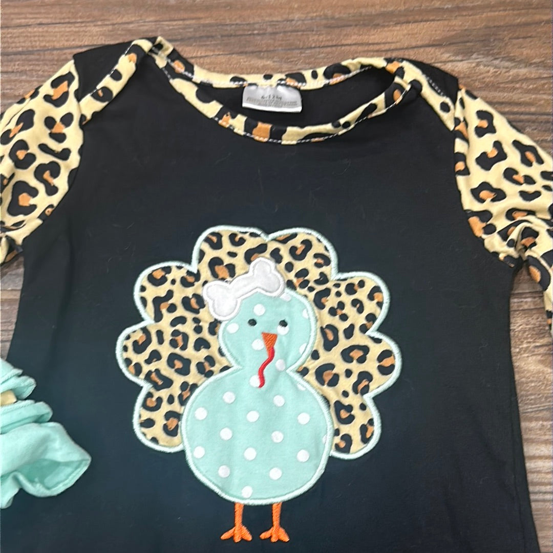 Girls Size 6-12m Leopard Turkey Ruffle Romper - Good Used Condition