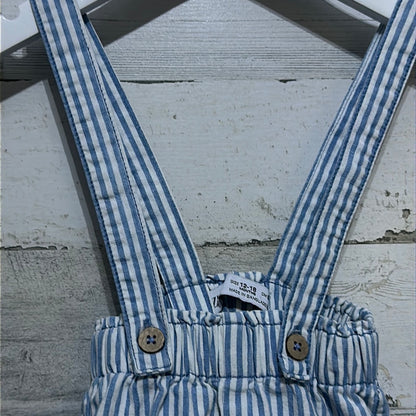 Boys Size 12-18m Zara blue and white striped pants with suspenders - good used condition