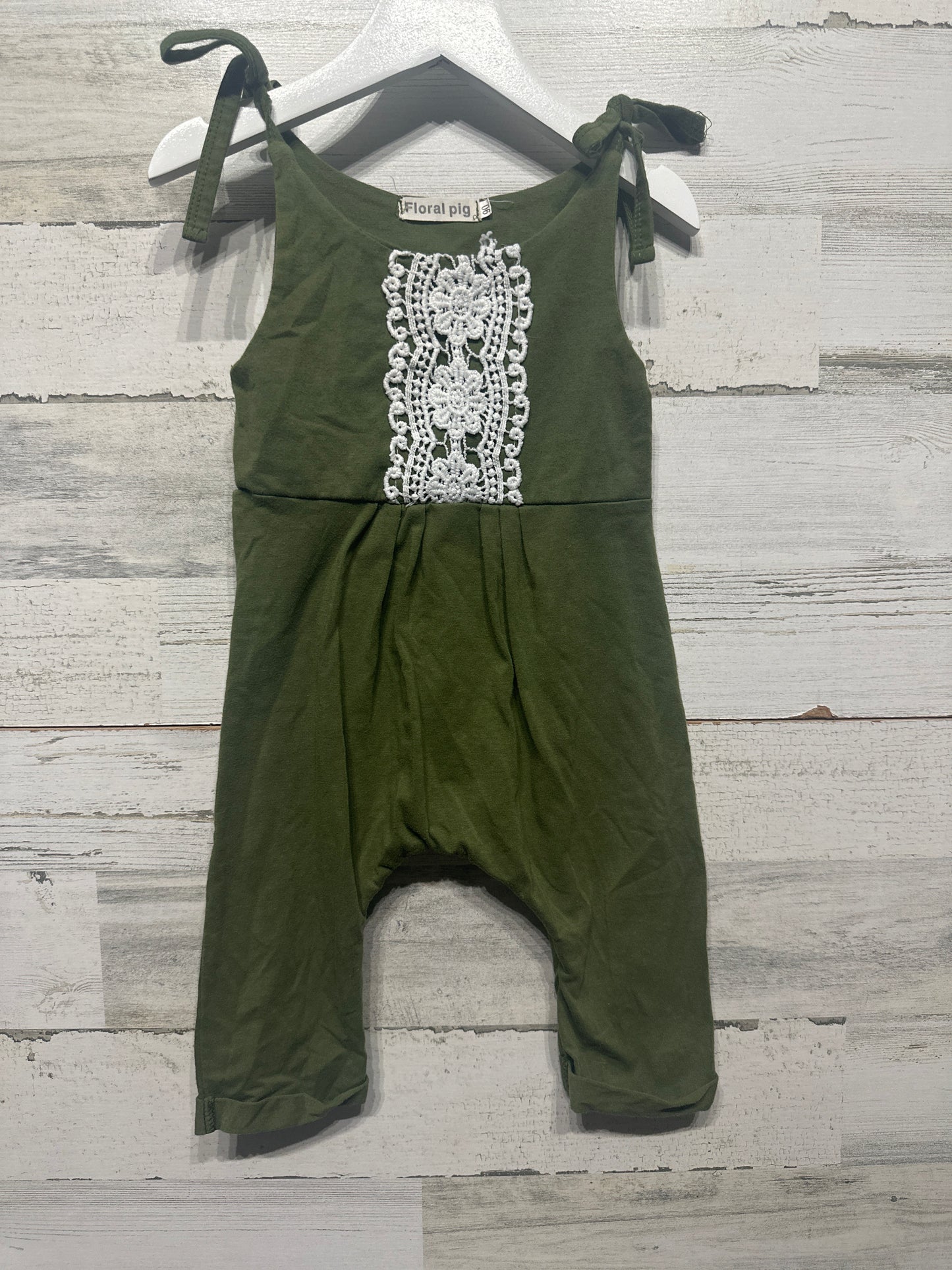 Girls Size 2t Floral Pig Olive Green Romper - Good Used Condition