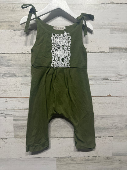 Girls Size 2t Floral Pig Olive Green Romper - Good Used Condition