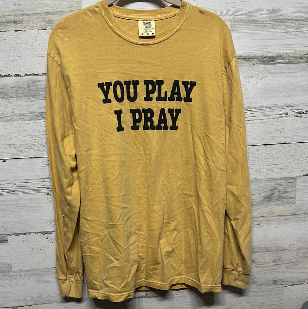 Women's Size Small Comfort Colors You Play I Pray Gold Long Sleeve Shirt - Good Used Condition