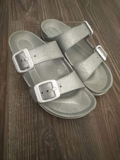 Girls Size 31 (Fits Like 12 Little Kid) MIA Silver Slides - Good Used Condition