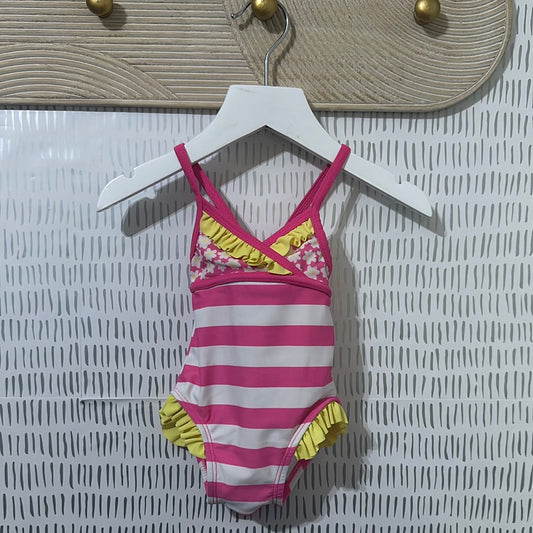 Girls Size 3-6m striped pink with yellow ruffles - one piece swimsuit - Good Used Condition