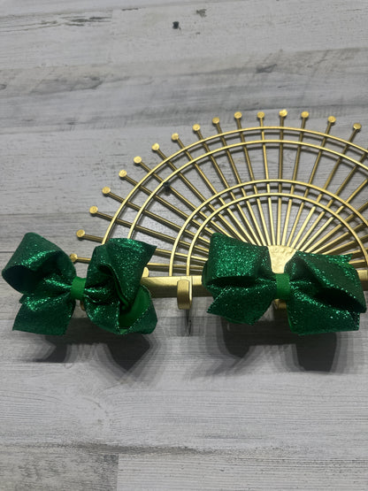4.5” Set of Sparkle Green Hair Bows on Alligator Clips (Set of 2) - Good Used Condition