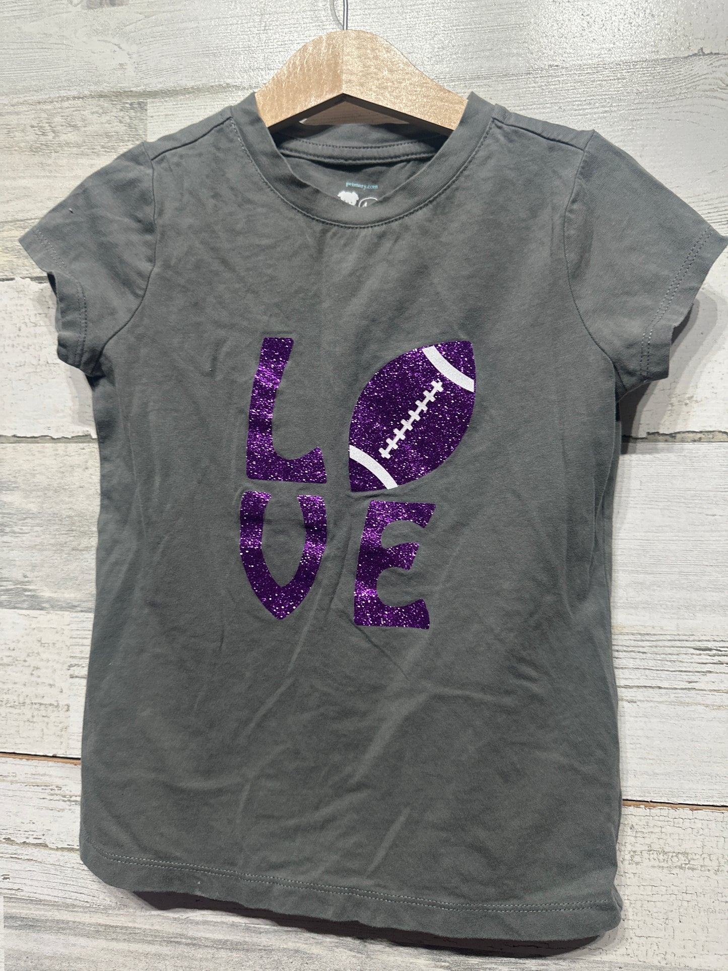 Girls Preowned Size 4-5 Primary Love Football Sparkle T-Shirt - Good Used Condition