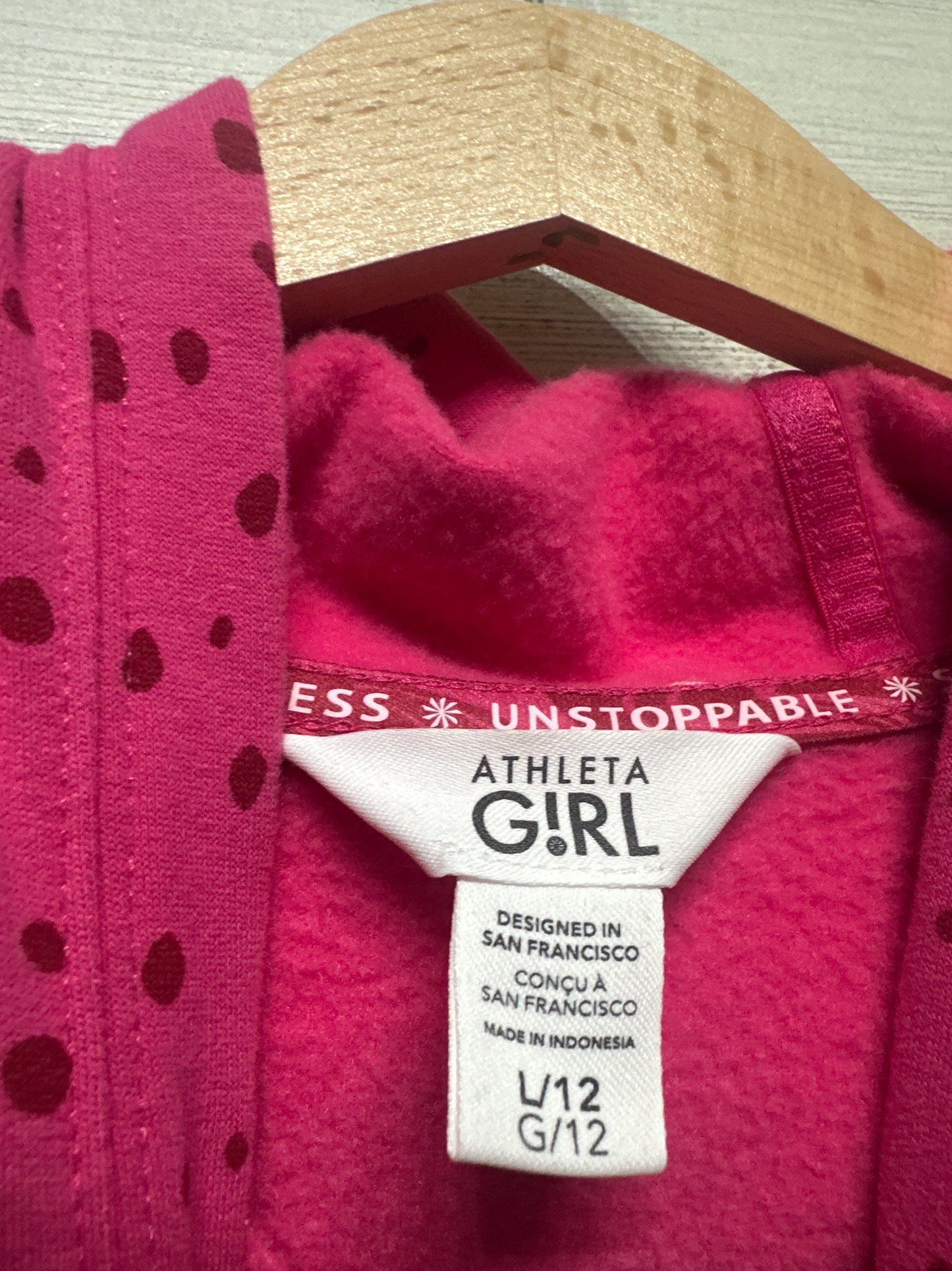 Girls Size 12 (Large) Athleta Girl Pink Spotted Oversized Hoodie (With Thumbholes)  - Very Good Used Condition