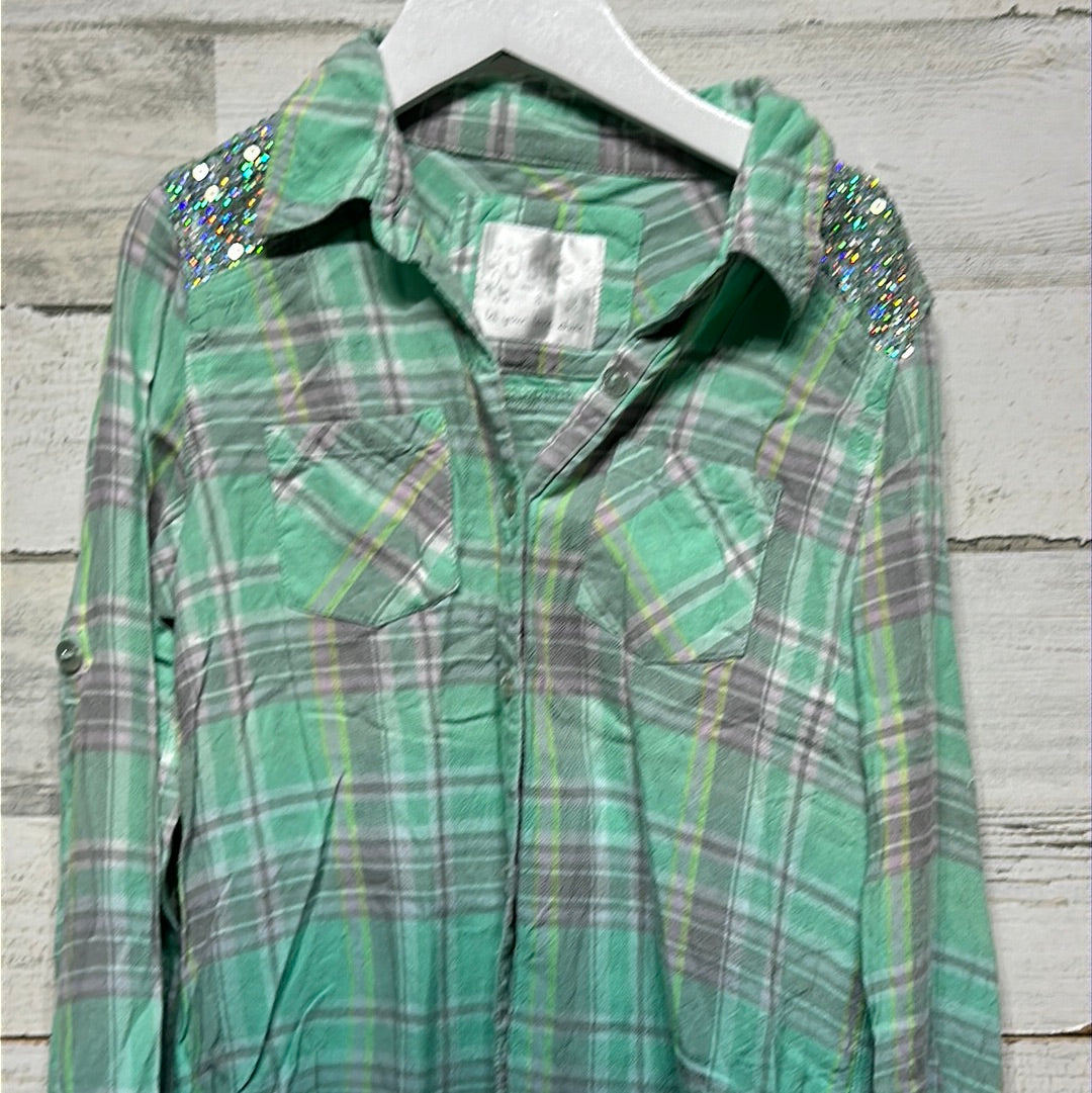 Girls Size 8 Justice Sequin Plaid Button Up - Good Used Condition