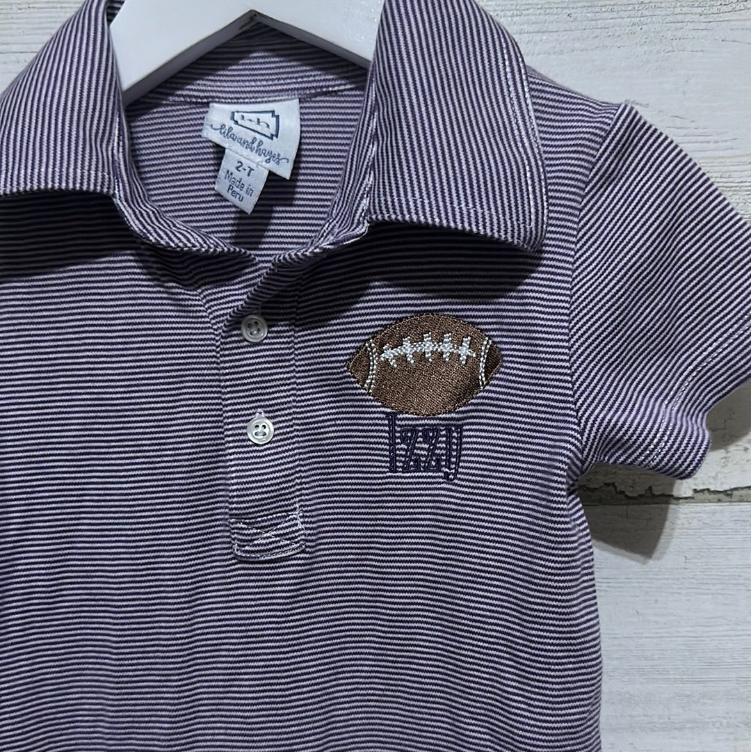 Boys Size 2t Lila and Hayes Pima cotton purple striped romper with football/Izzy embroidery - good used condition