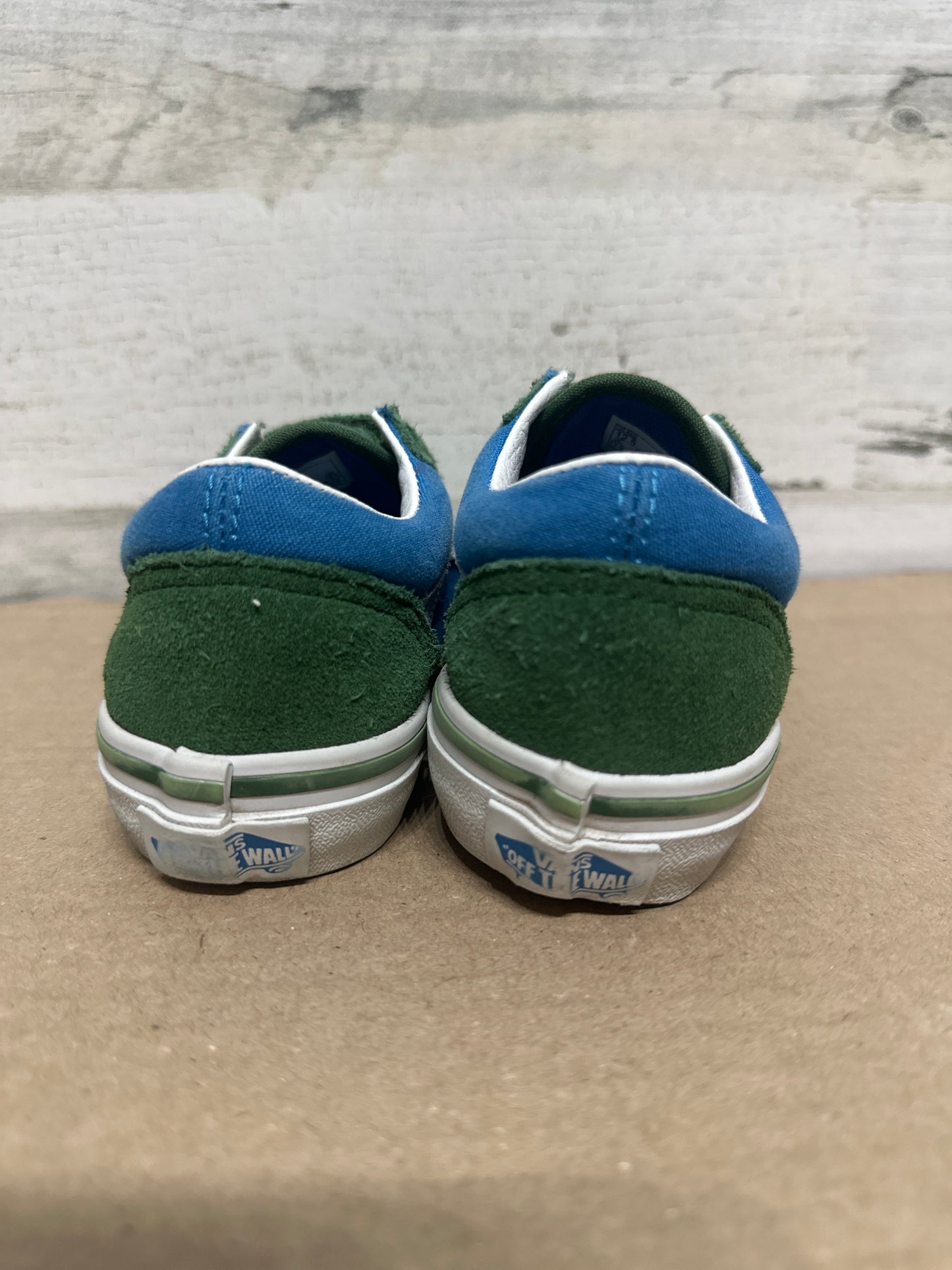 Size 12.5 (Little Kid) Van’s Velcro Green and Blue Shoes - Good Used Condition