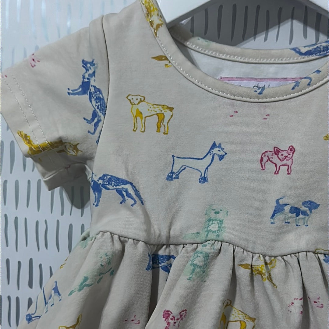 Girls Size 6m Sweet Honey Dog Print Skirted Onesie Dress - Good Used Condition