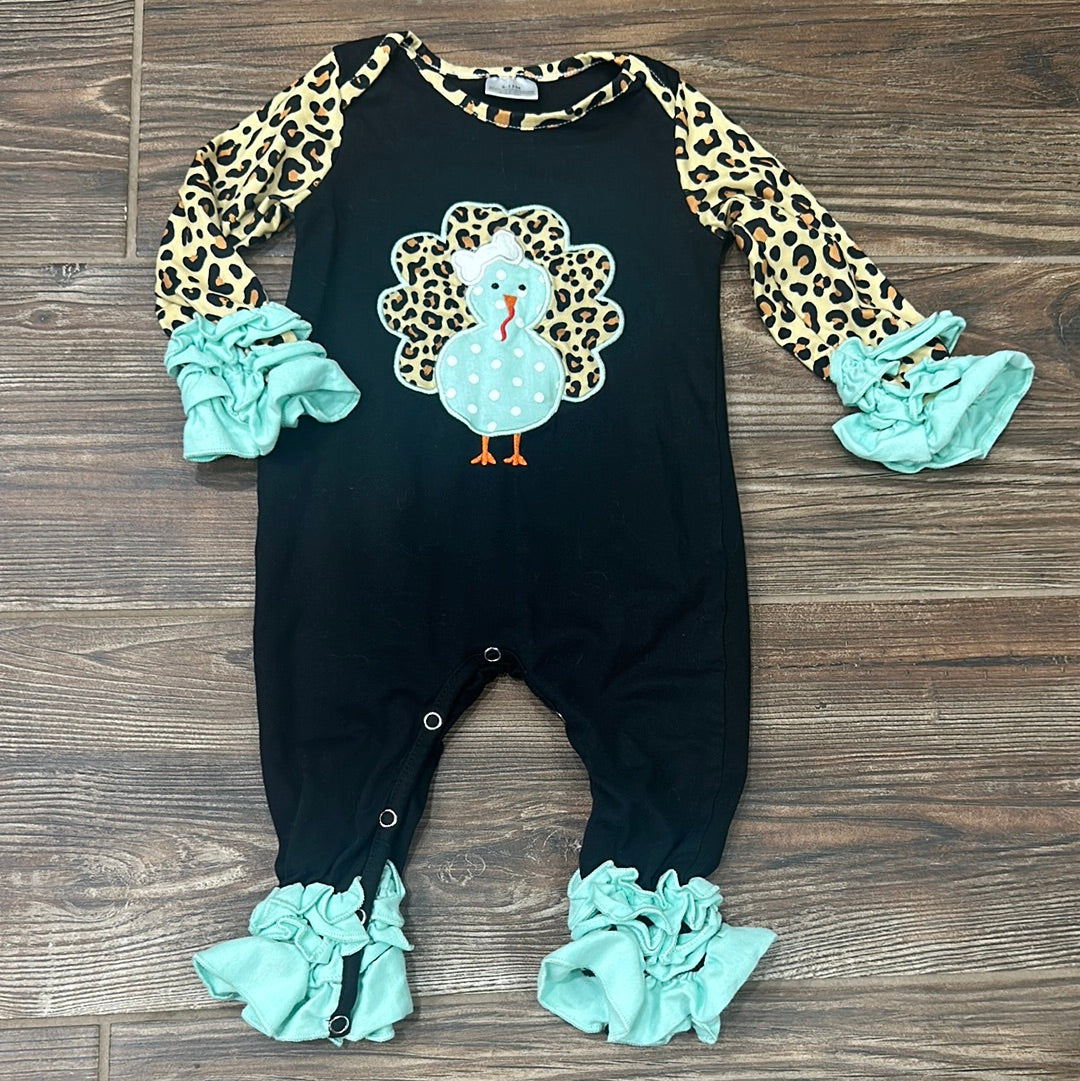 Girls Size 6-12m Leopard Turkey Ruffle Romper - Good Used Condition