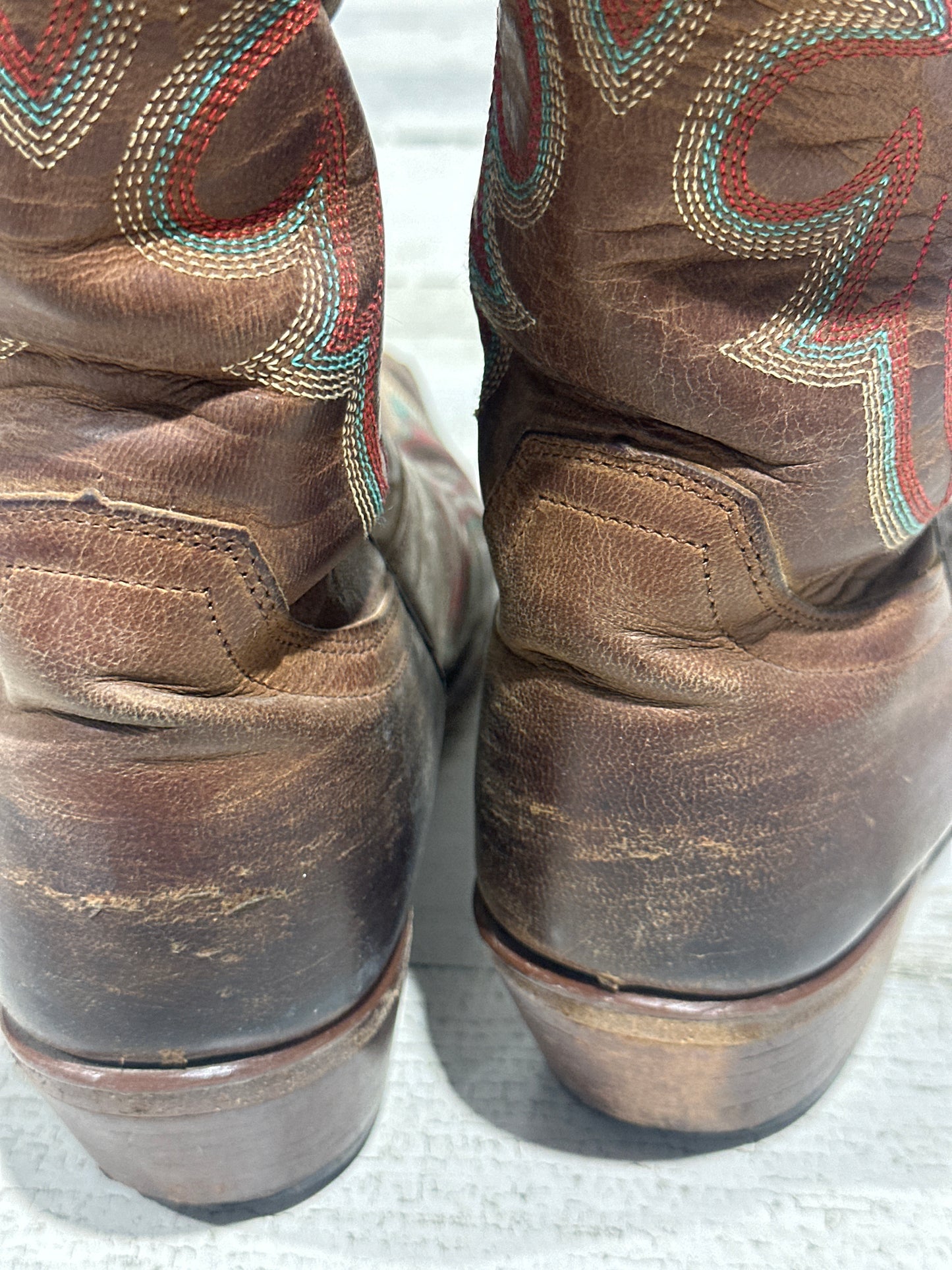 Johnny Ringo Cowboy Boots Heritage Western Pointed Toe - Red Turquoise Thread - Womens Size 8B - Flawed*