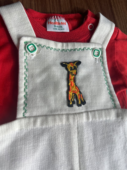 Boys Size 9m Health-tex Vintage Giraffe Overalls and Red Shirt - Good Used Condition