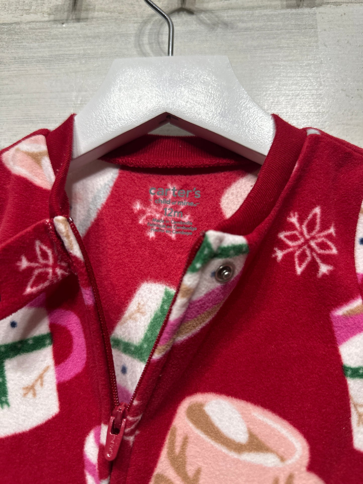 Girls Size 12m Carter’s Holiday Fleece Footed Zip Up Pajamas - Good Used Condition