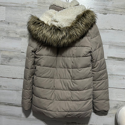 Girls Size 13/14 Abercrombie Kids tan Sherpa lined puffer jacket with removable hood with fur - good used condition