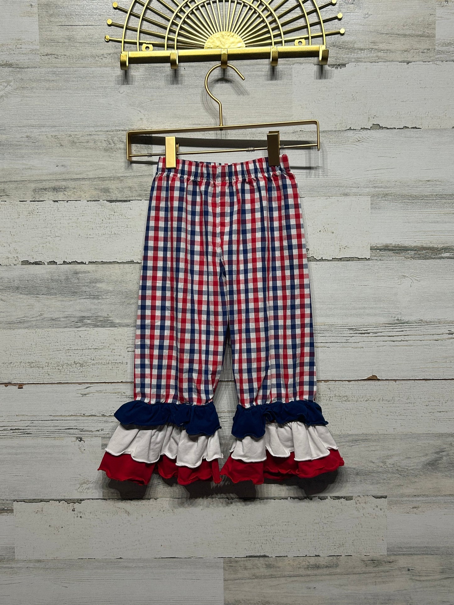 Girls Size 3t Red White and Blue Plaid Ruffle Pants - Good Used Condition