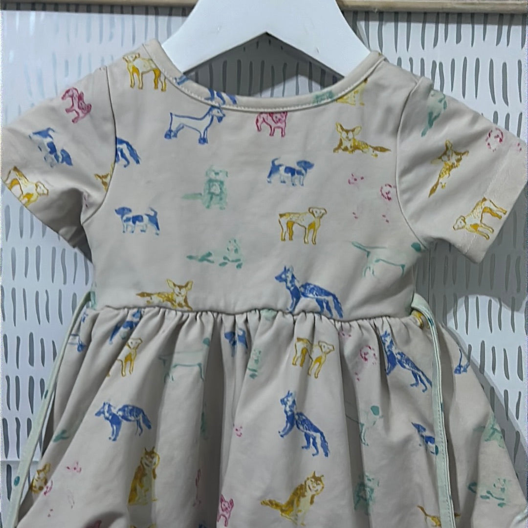 Girls Size 6m Sweet Honey Dog Print Skirted Onesie Dress - Good Used Condition