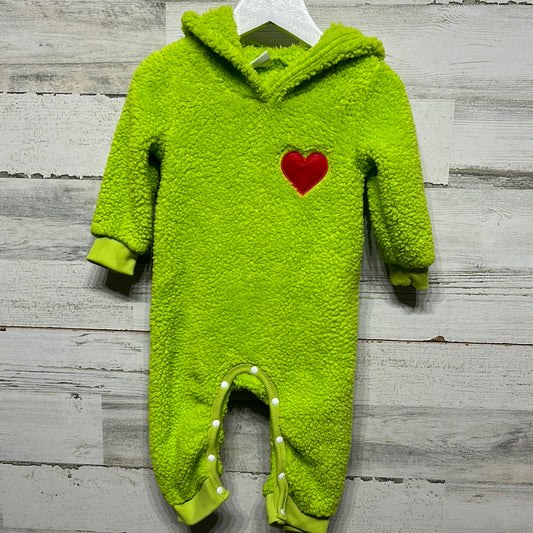 Boys Size 9-12m Green Fleece Grinch Inspired Hooded Coverall -Good Used Condition