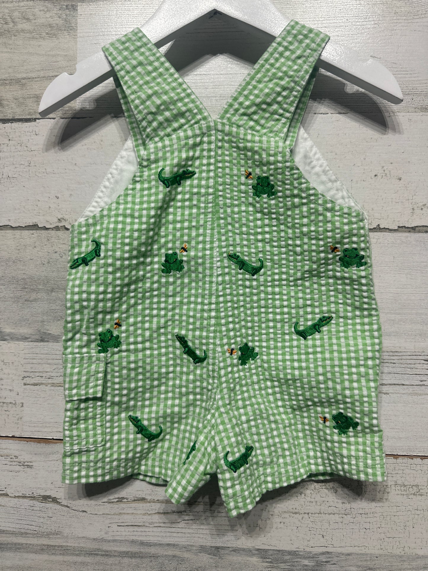 Boys Size 3-6 months Swamp Camp Gingham Embroidered Overalls - Very Good Used Condition