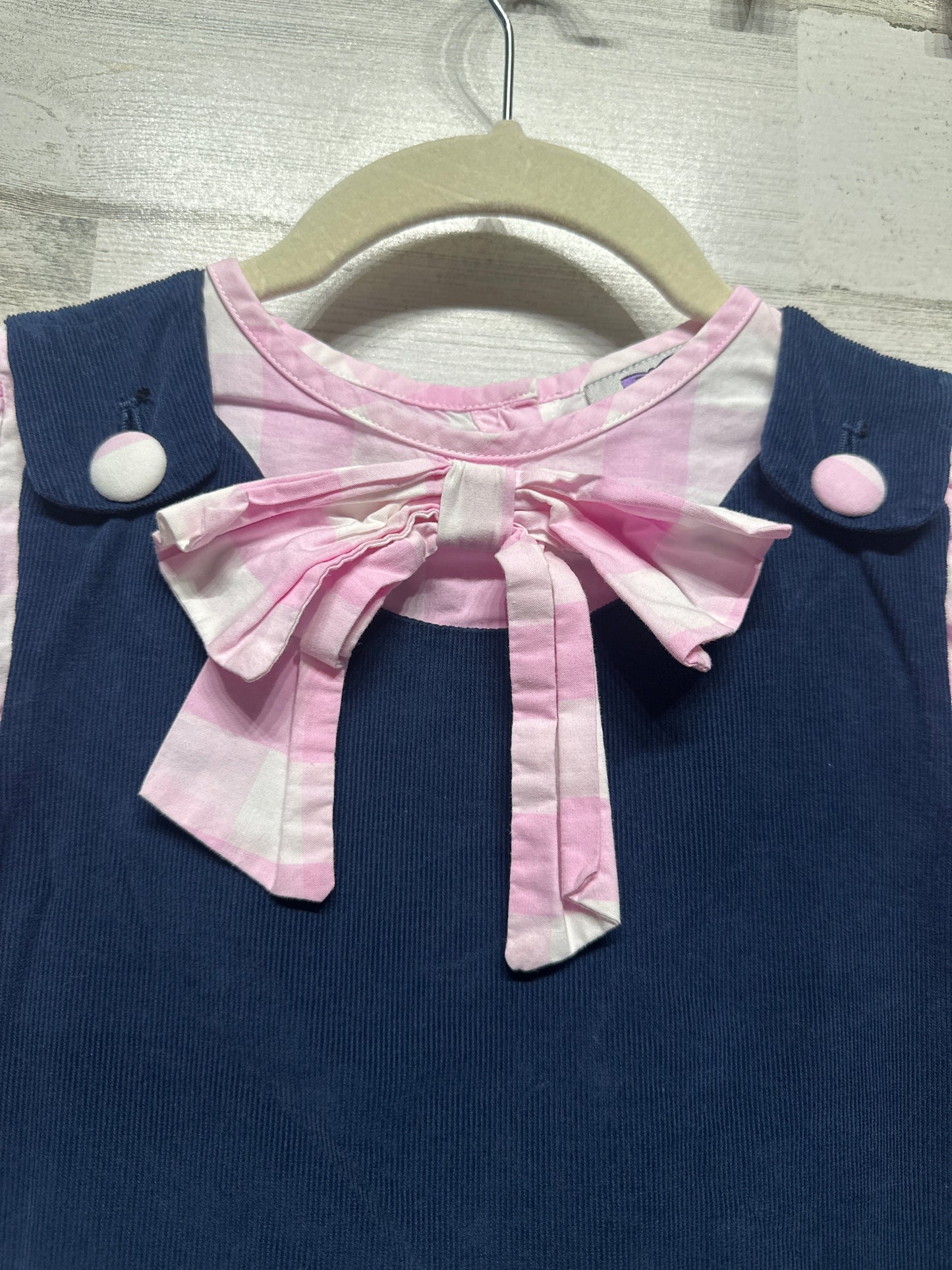 Size 5 Purple Pearl Smocks Navy Cord Dress With Pink Plaid Undershirt - Very Good Used Condition