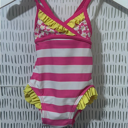 Girls Size 3-6m striped pink with yellow ruffles - one piece swimsuit - Good Used Condition