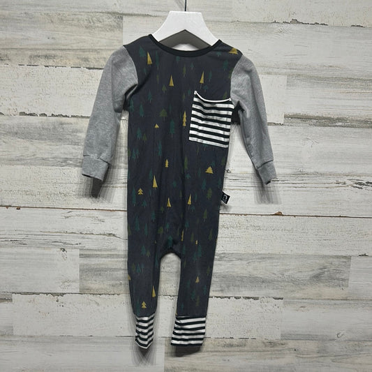 Boys Size 2t Rags Romper - Dark Grey with Trees and Black and White Striped Pocket - Good Used Condition