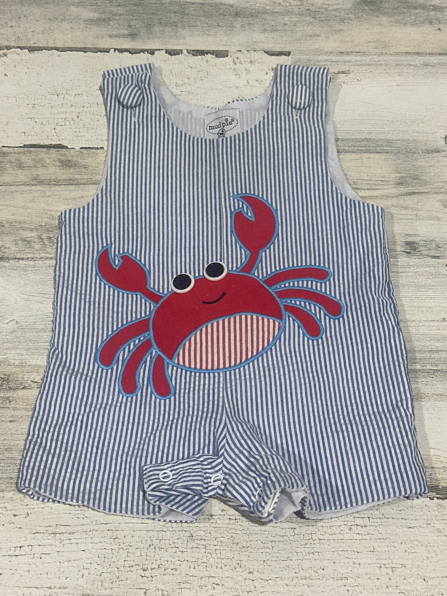 Mud Pie Baby Crab Applique Seersucker Romper - Boys Size 0-6m - Good Used Condition