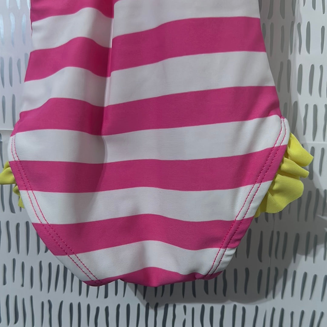 Girls Size 3-6m striped pink with yellow ruffles - one piece swimsuit - Good Used Condition