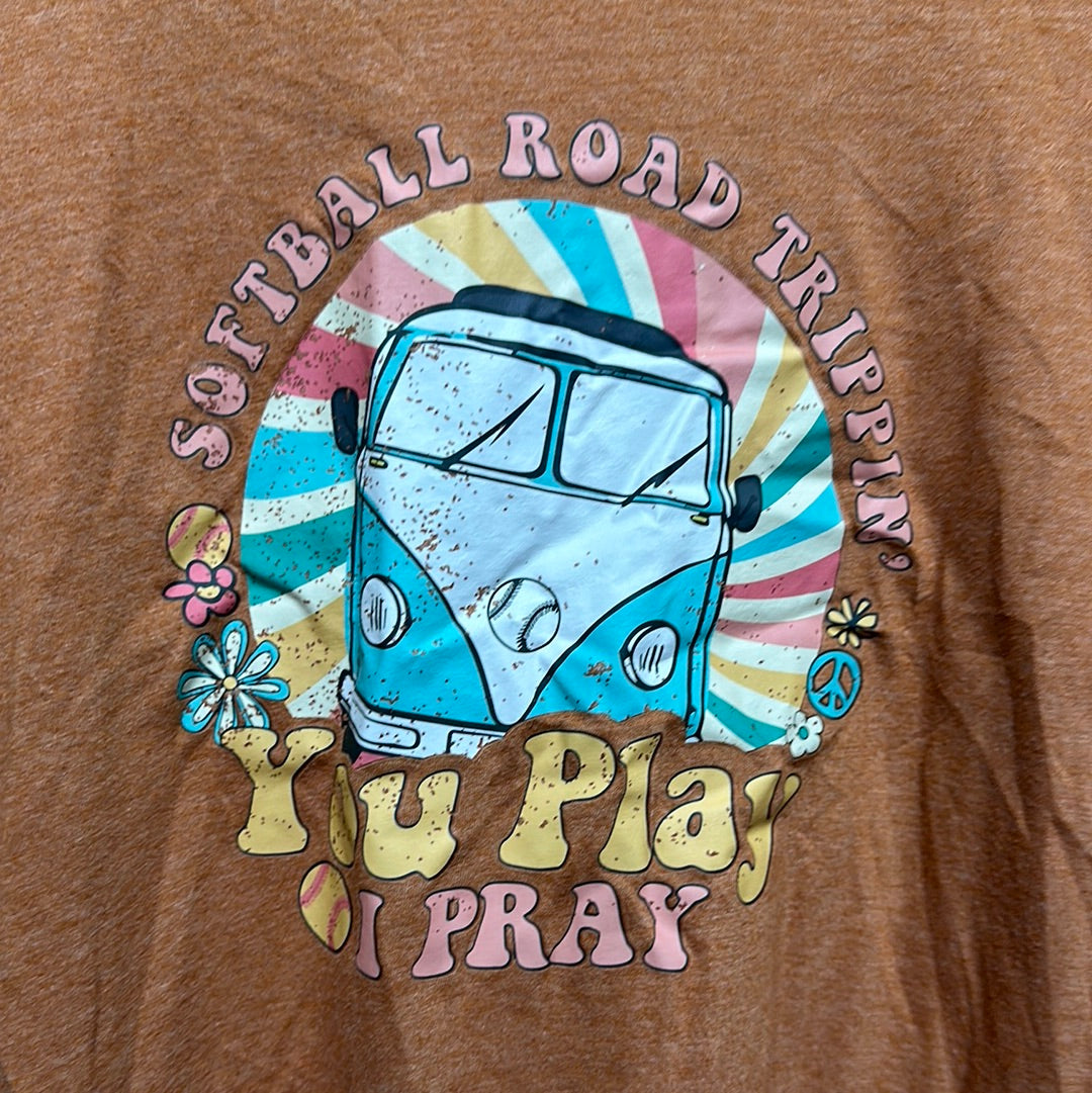 Women's Size Medium Softball Road Trip You Play I Pray Shirt  - Good Used Condition