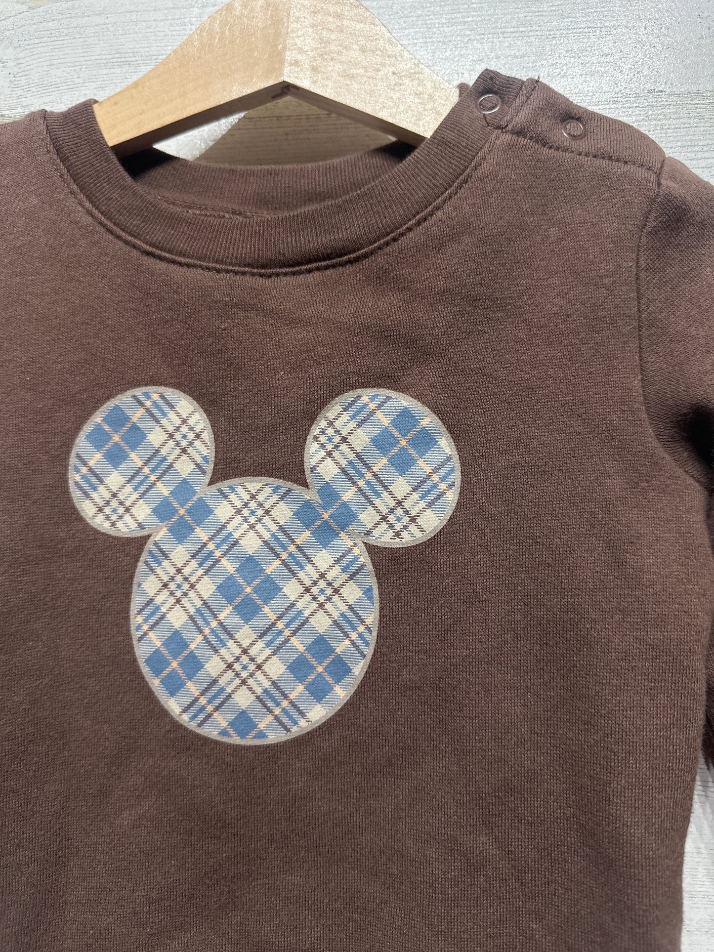Boys Size 12m Disney Baby Plaid Mickey Sweatshirt Bodysuit - Very Good Used Condition