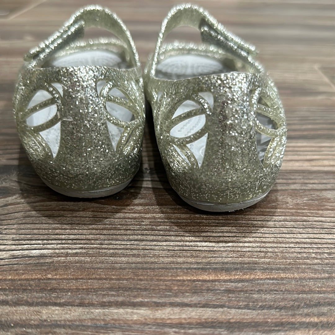 Girls Size 12 Toddler Crocs Silver Sparkle Floral Jelly Sandals - Good Used Condition